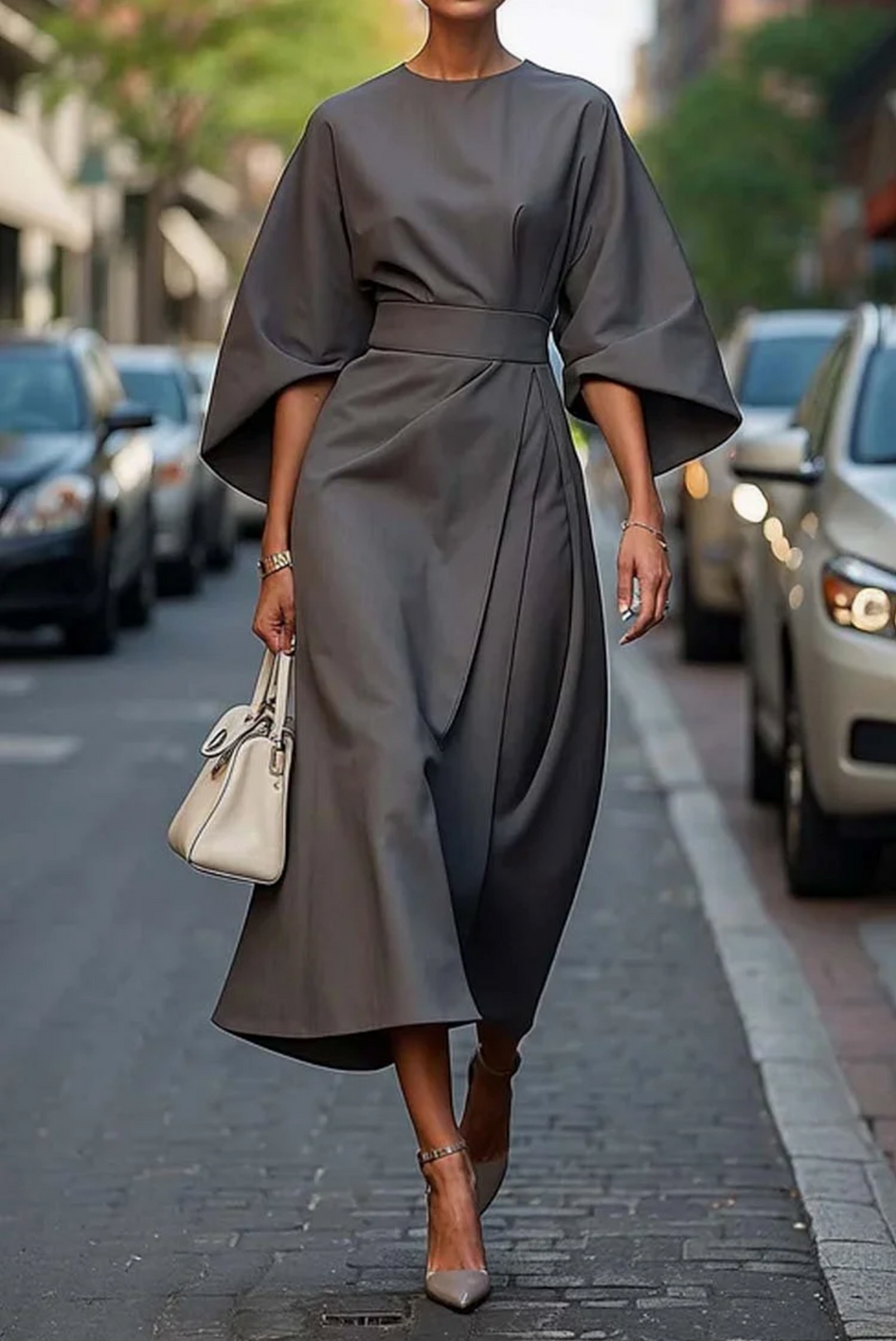 Women's Dress | Wide Sleeve Belted Round Neck Midi