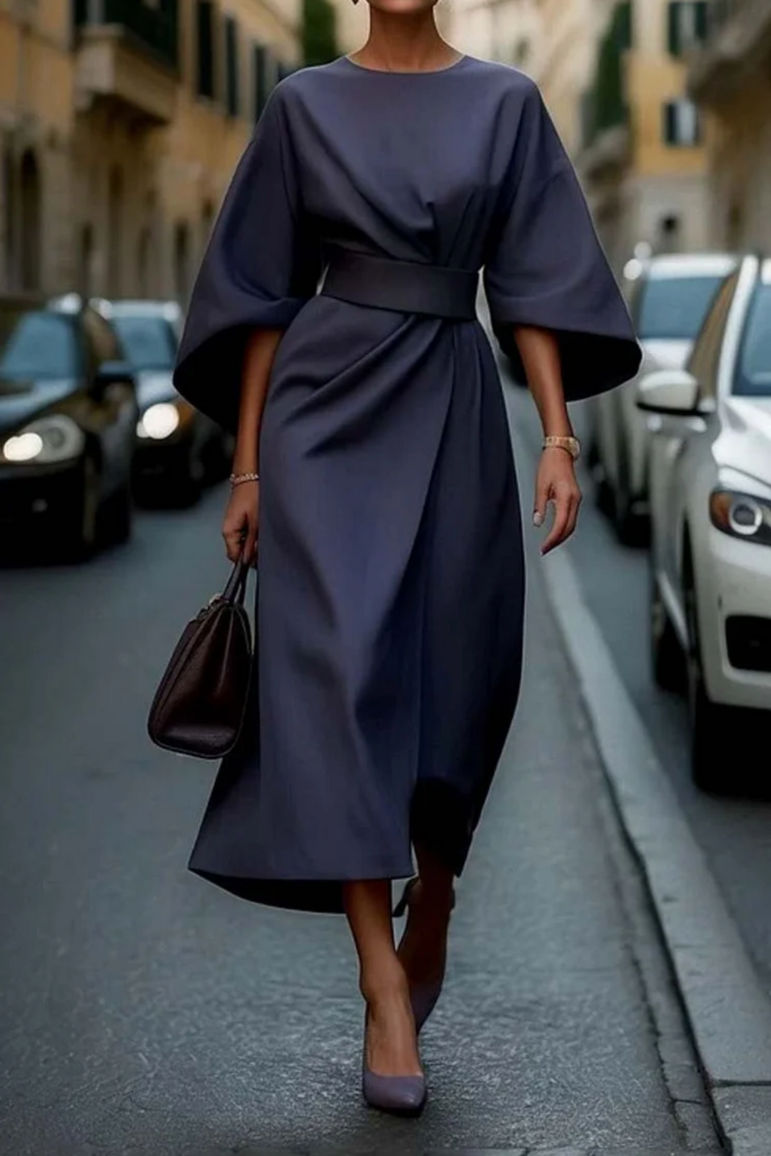 Women's Dress | Wide Sleeve Belted Round Neck Midi