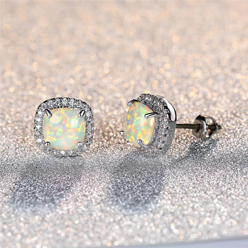 Elegant Silver Earrings with Round White Fire Opal