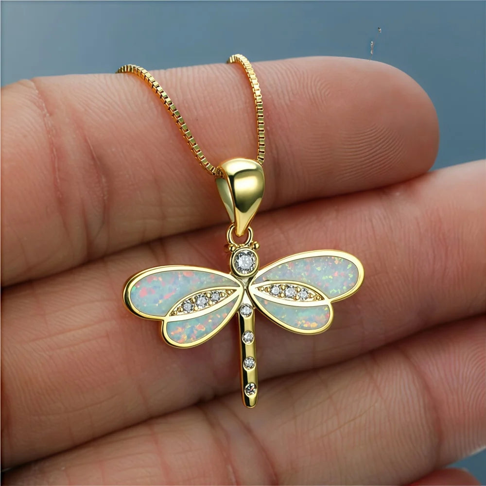 Blue Opal Dragonfly Necklace in Gold