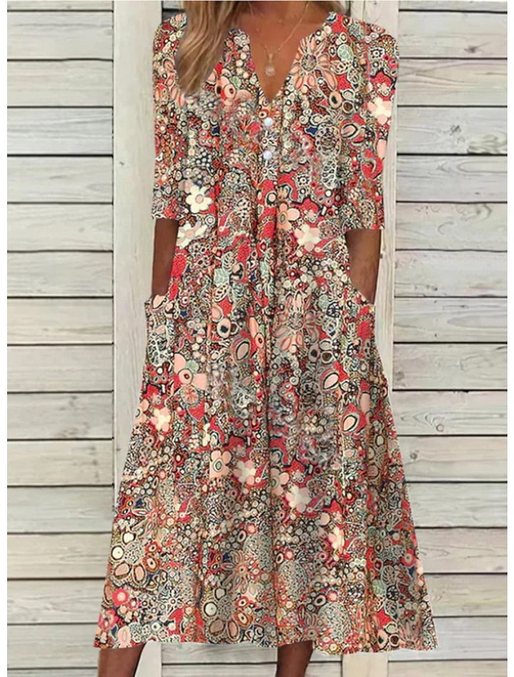 Summer Dresses for Women – V-Neck Printed Design | Relaxed Fit & Side Pockets