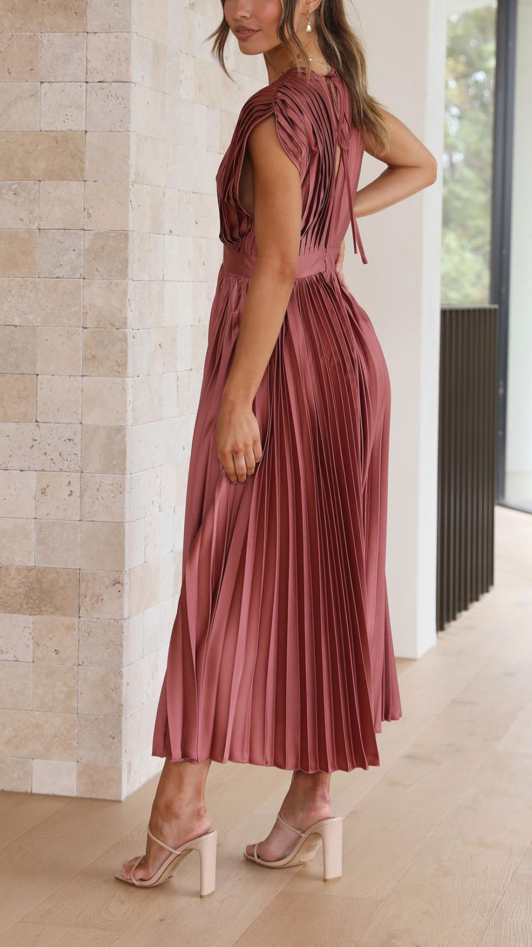 Women's Dress | Pleated Maxi V-Neck Tie Waist