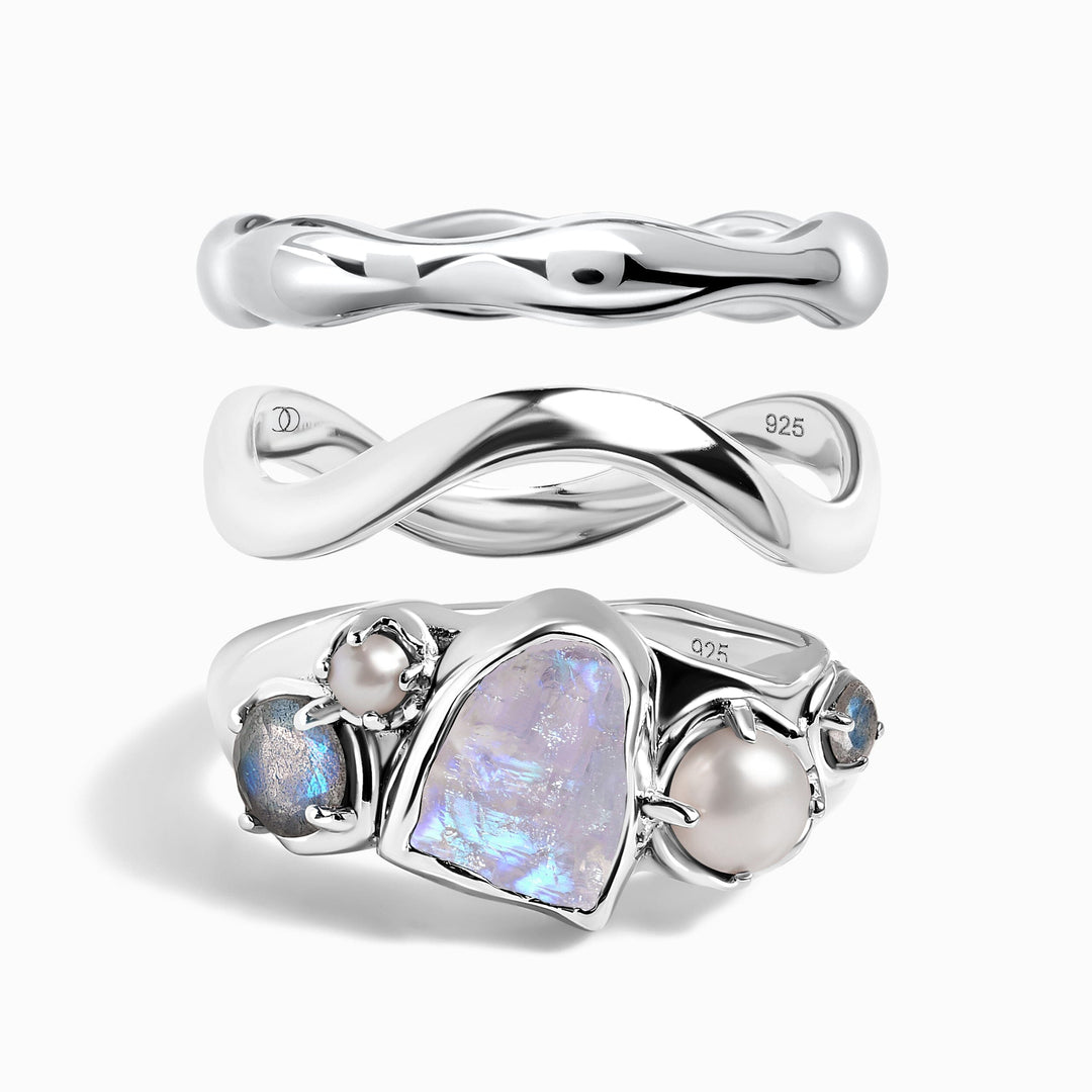 Raw Moonstone, Molten and Wave Band Ring Set