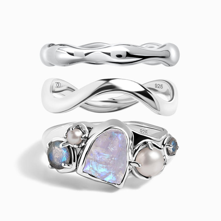 Raw Moonstone, Molten and Wave Band Ring Set