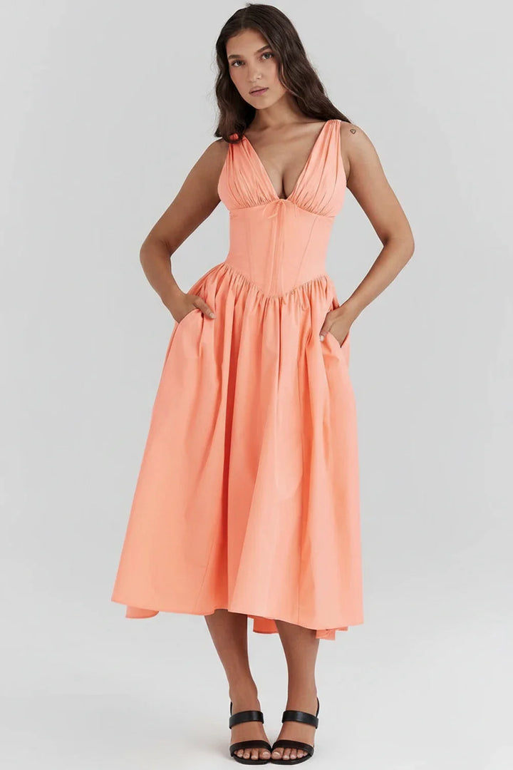 V-Neck A-Line Midi Dress for Women