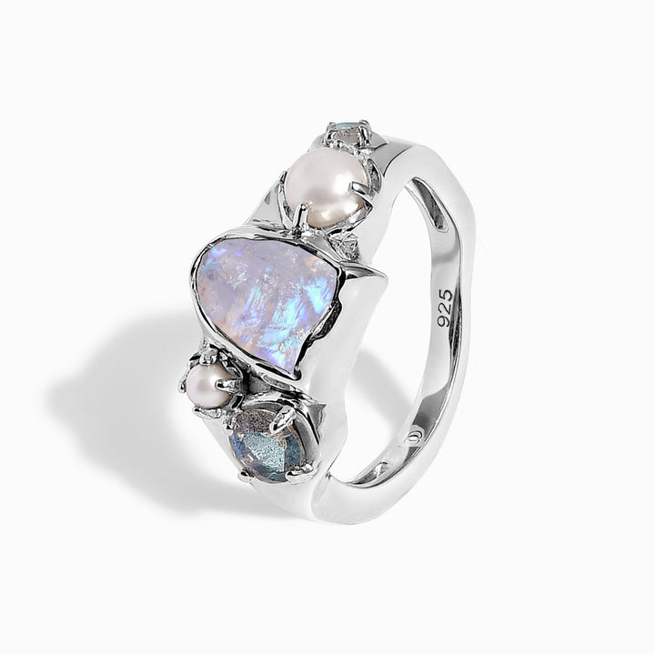 Raw Moonstone, Pearl and Molten Band Ring Set