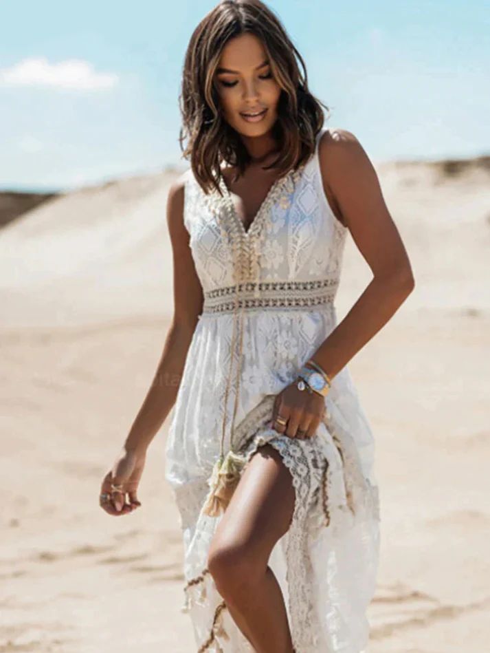 Women's Bohemian Dress | V-Neck Maxi Tiered Skirt