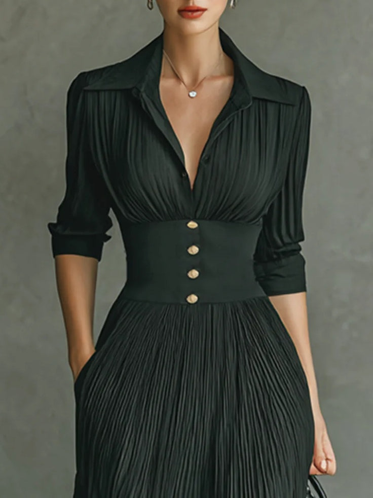 Women’s Dress | Pleated Lapel Waist Maxi