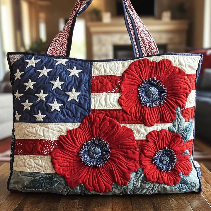 Poppy Flower Quilted Tote Bag