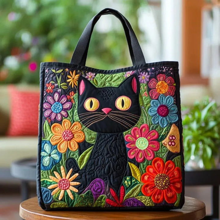 Cat Colorful Floral Quilted Tote Bag
