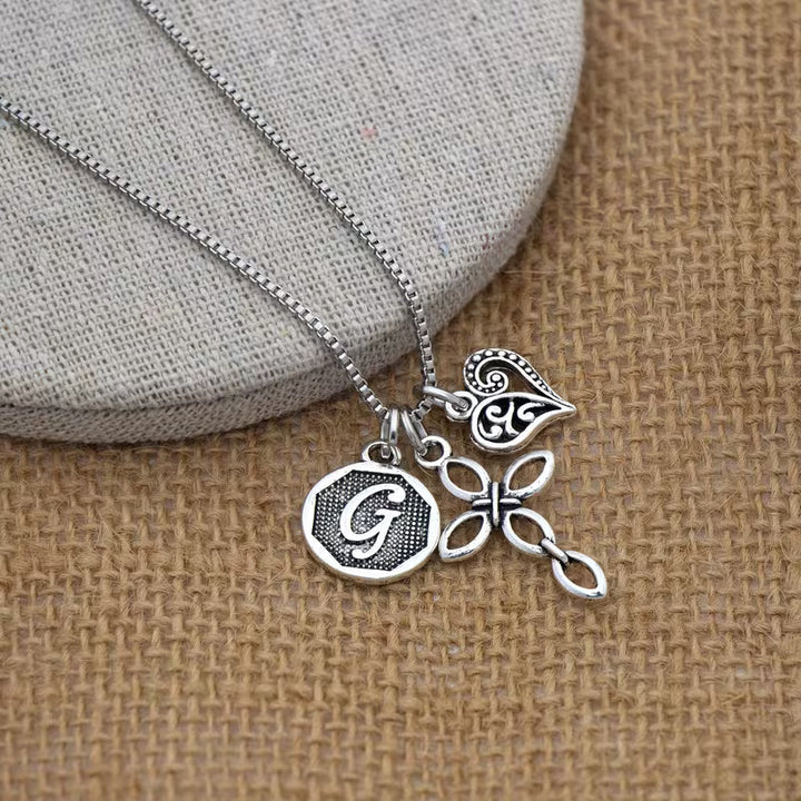 Initial Letter Heart & Cross Necklace