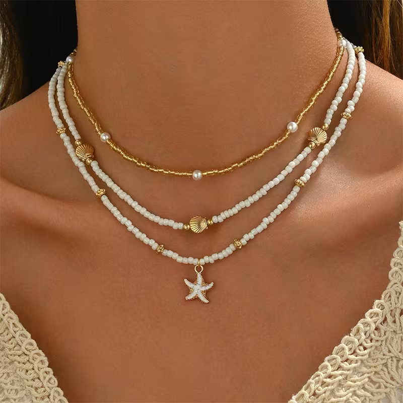 Boho 3-Necklace Set with Shell and Starfish