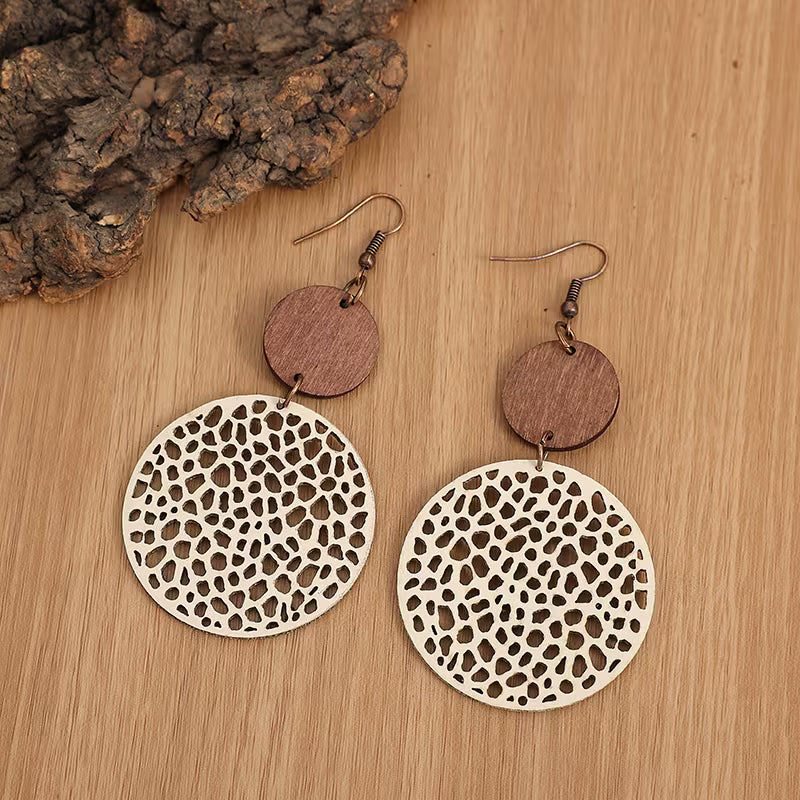 Retro Boho Wood and Leather Drop Earrings