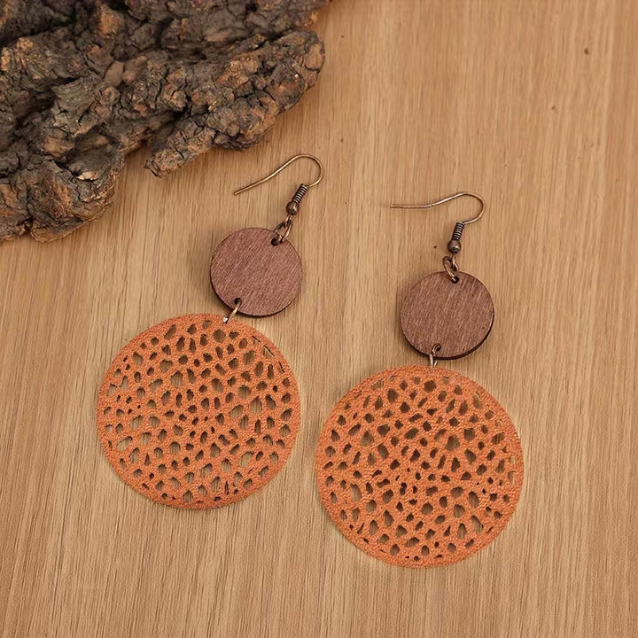 Retro Boho Wood and Leather Drop Earrings