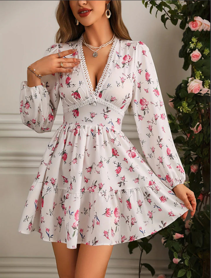 Carolyn | Women's Long Sleeve V-Neck A-Line Mini Dress