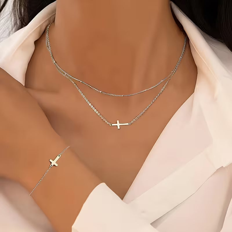 3-Piece Cross Necklace & Bracelet Set