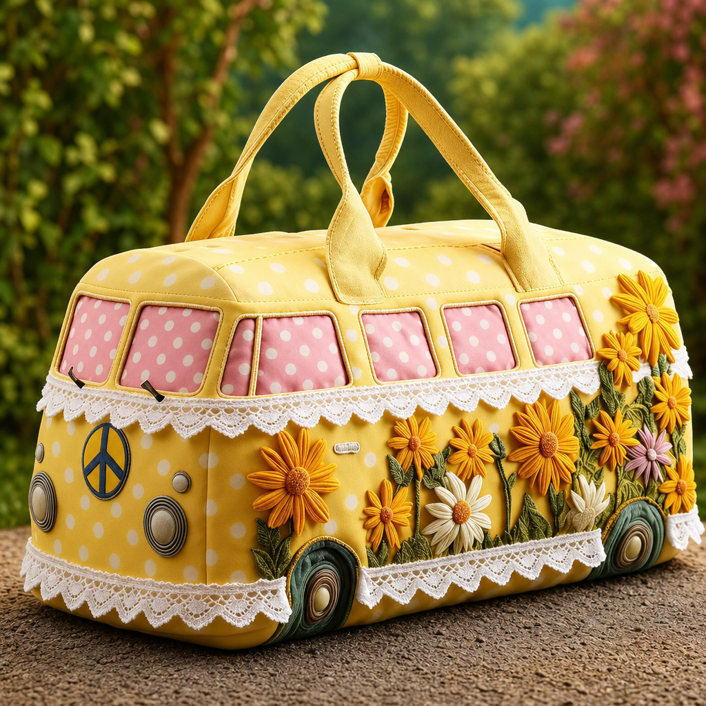 Retro Camper Van Floral Quilted Duffel Bag