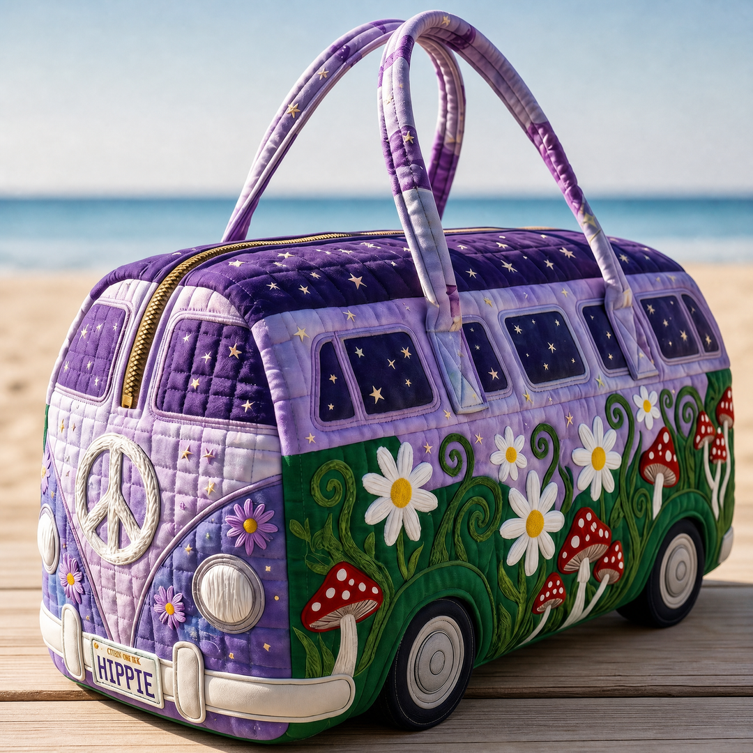 Celestial Star Mushroom Hippie Van Quilted Duffel Bag