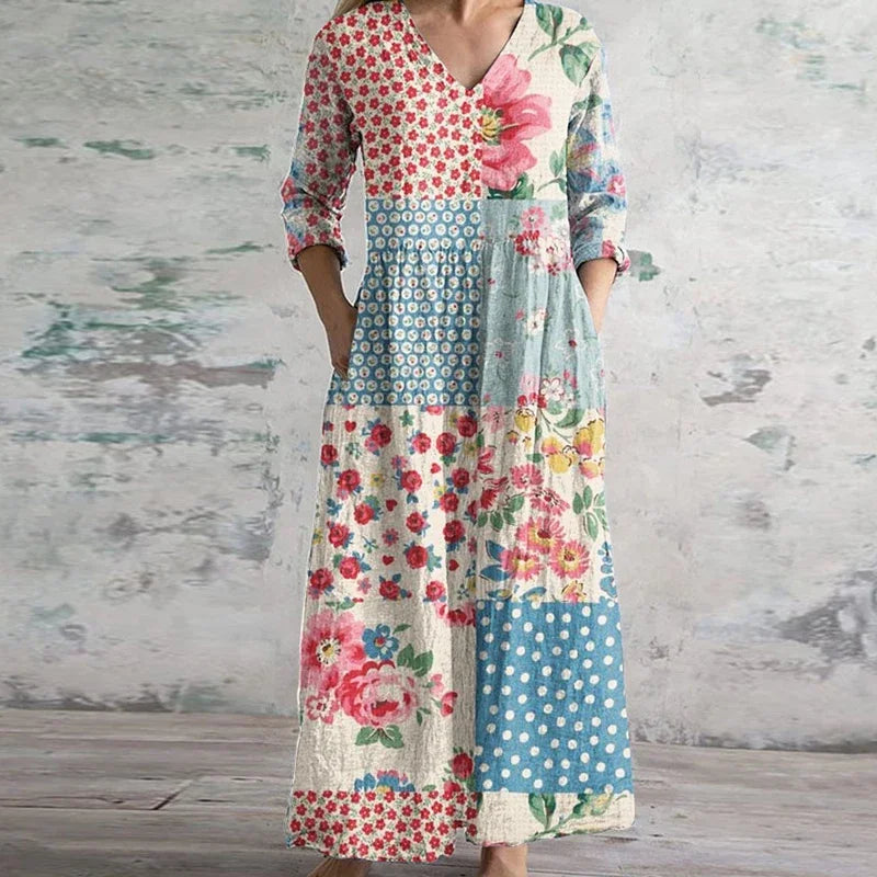Women's Dress | Patchwork Maxi V Neck Long Sleeve