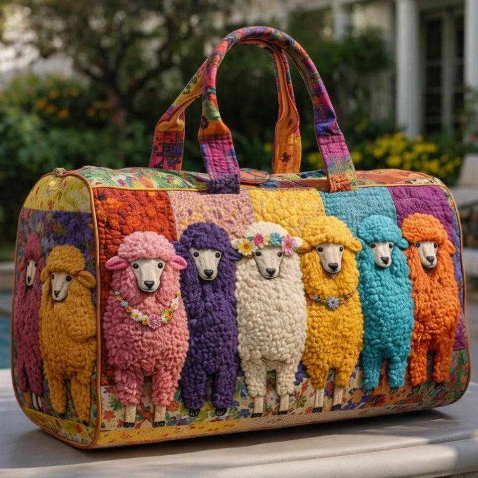 Colorful Sheep Motif Patchwork Quilted Duffel Bag