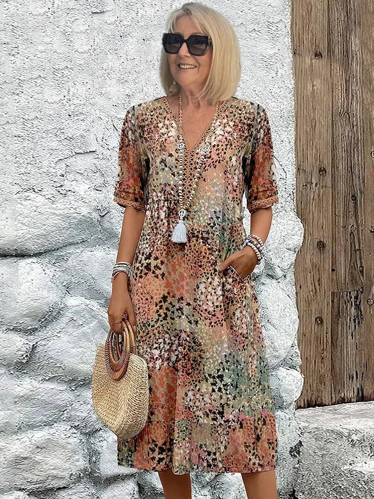 Women's Dress | Printed V Neck Short Sleeve Midi