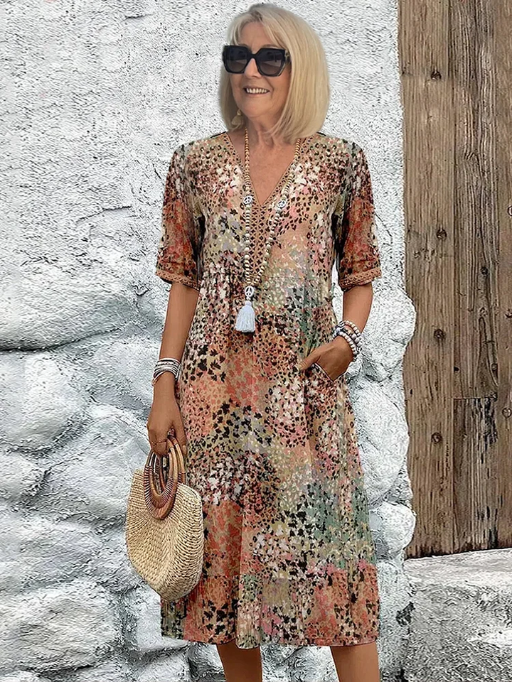 Women's Dress | Printed V Neck Short Sleeve Midi