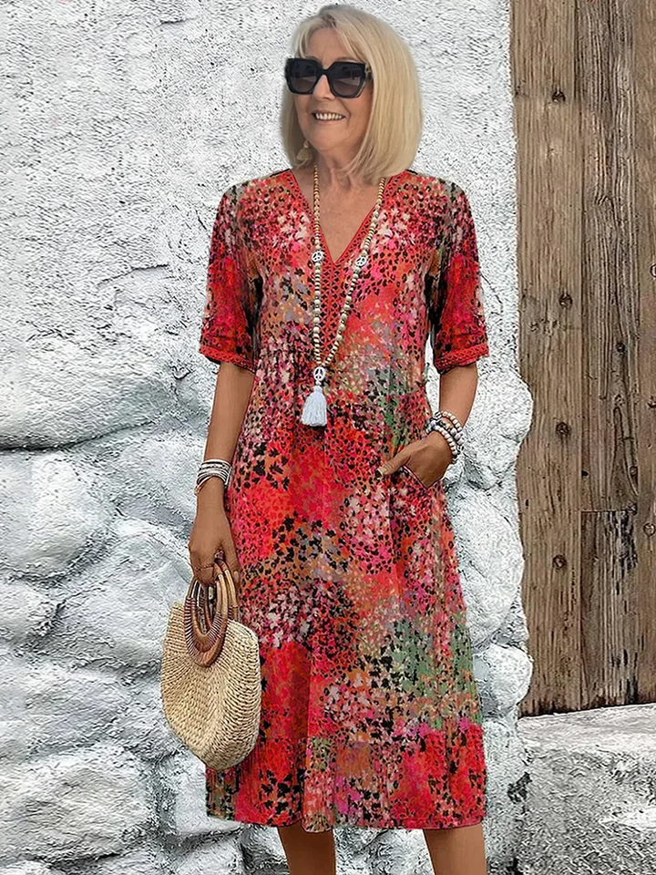 Women's Dress | Printed V Neck Short Sleeve Midi