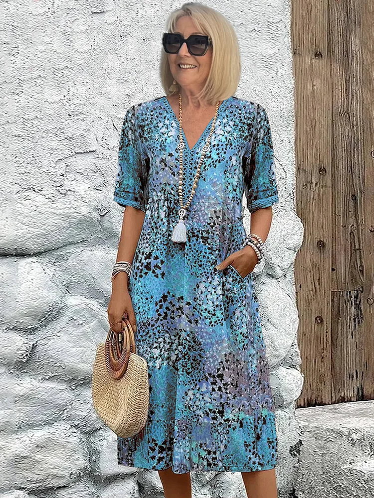 Women's Dress | Printed V Neck Short Sleeve Midi