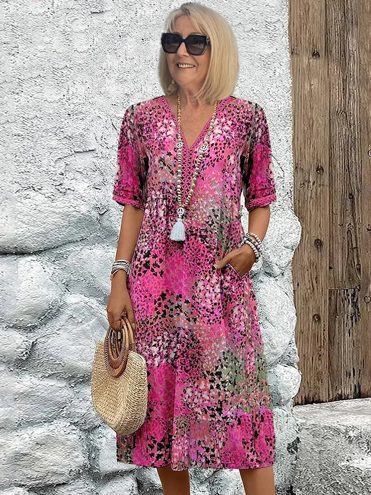 Women's Dress | Printed V Neck Short Sleeve Midi