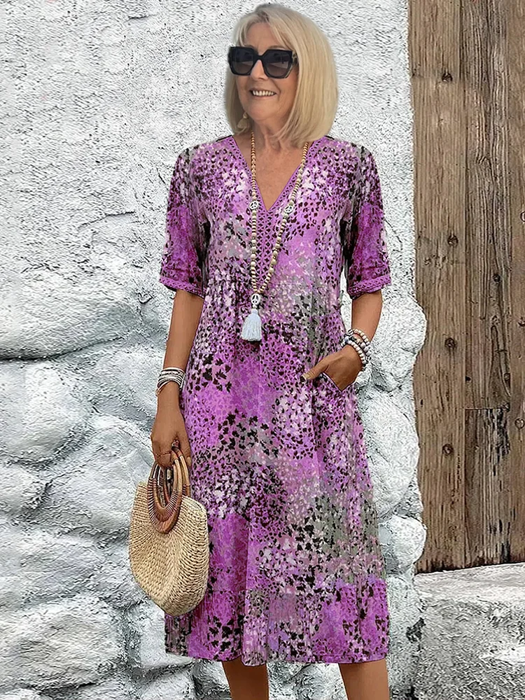Women's Dress | Printed V Neck Short Sleeve Midi