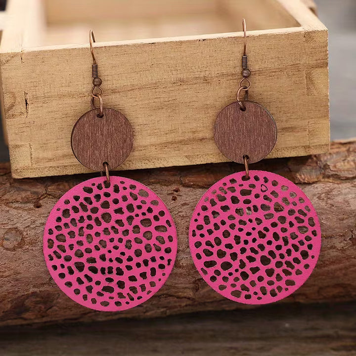 Retro Boho Wood and Leather Drop Earrings