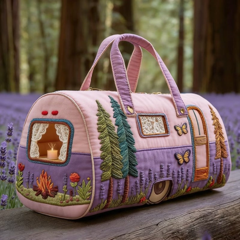 Retro Camper Van Nature Scene Quilted Duffel Bag