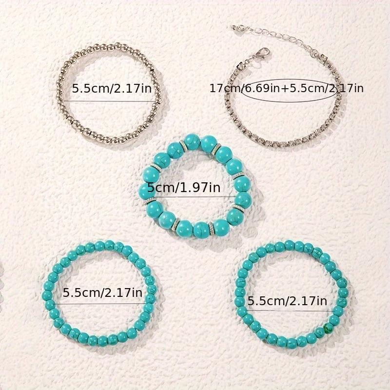 Big Turquoise Beaded Bracelet set of 5