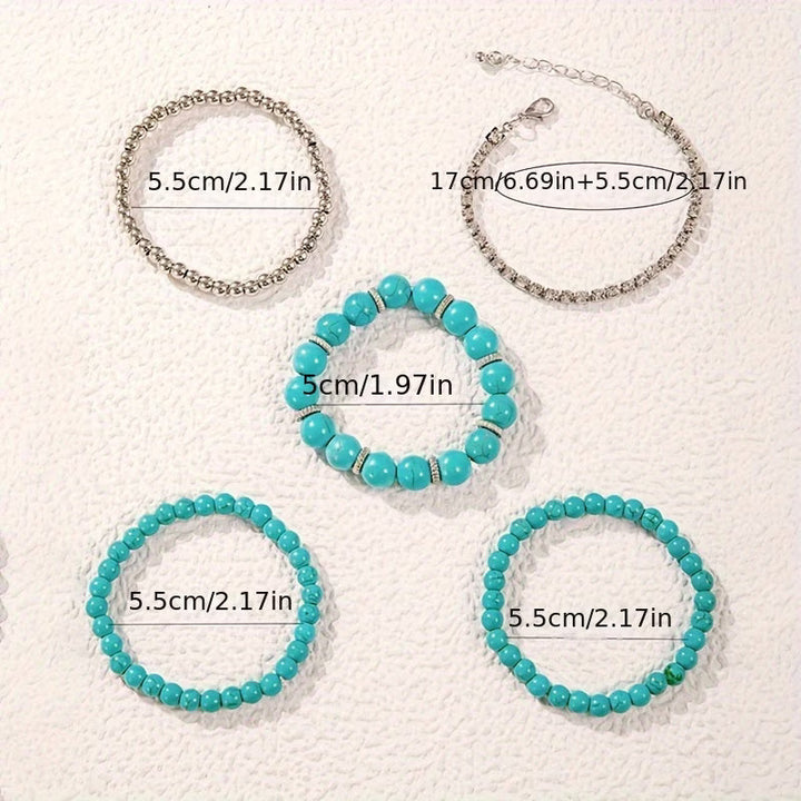 Big Turquoise Beaded Bracelet set of 5
