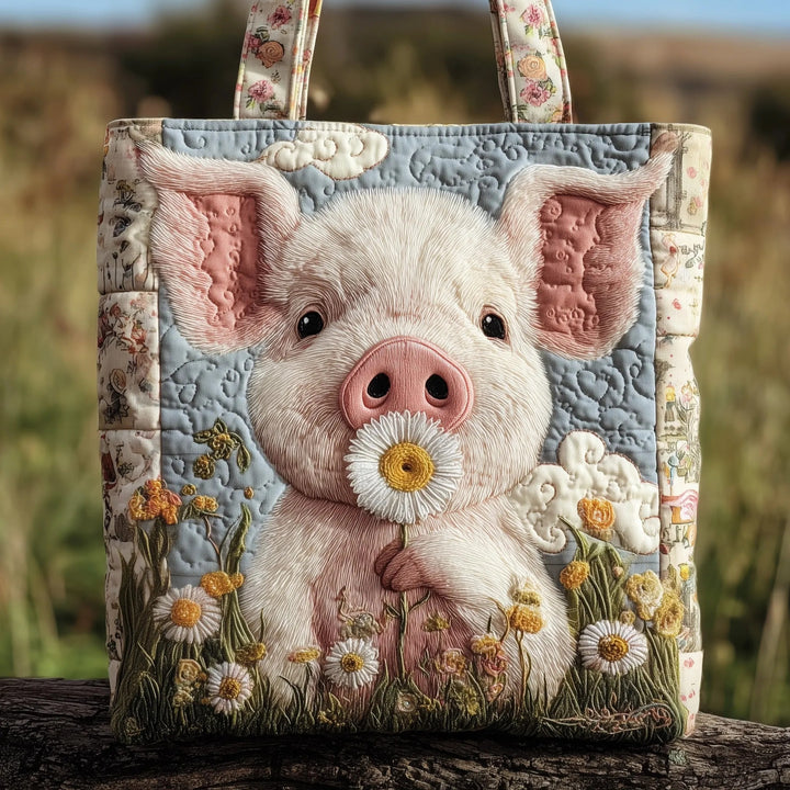 Cute Pig Daisy Floral Quilted Tote Bag