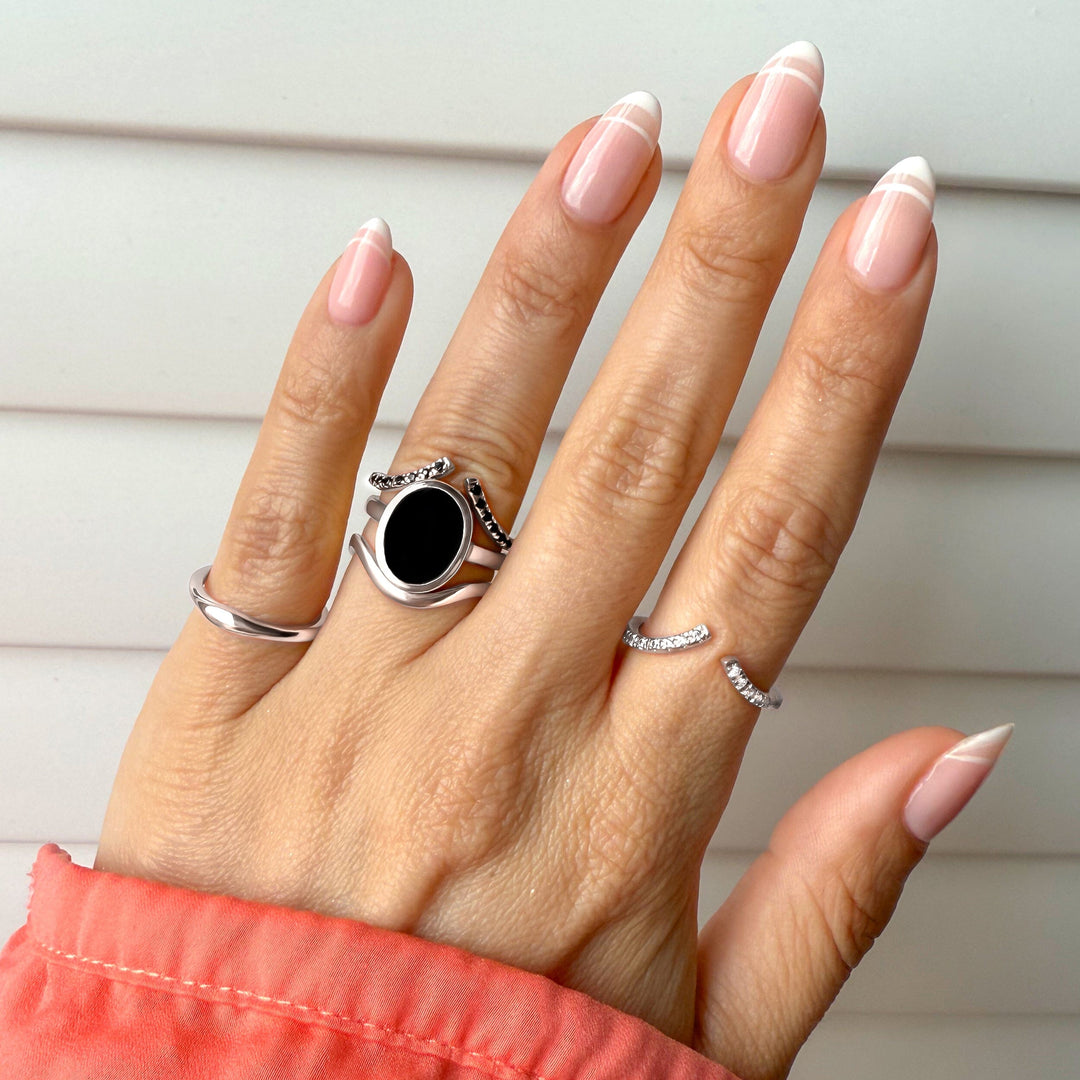 Three Band Black Onyx and White Zircon Ring Set