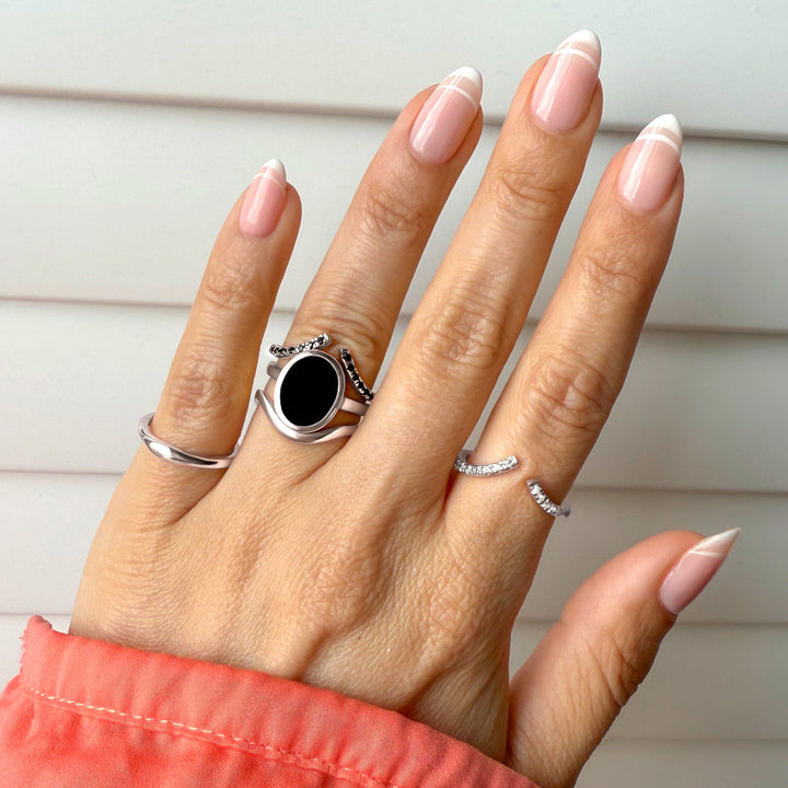 Three Band Black Onyx and White Zircon Ring Set