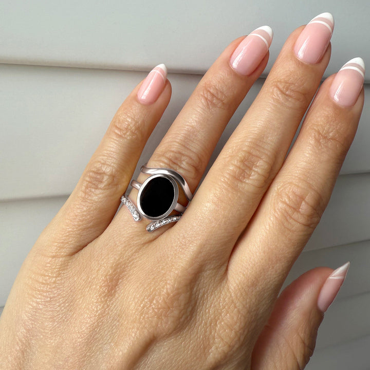 Three Band Black Onyx and White Zircon Ring Set