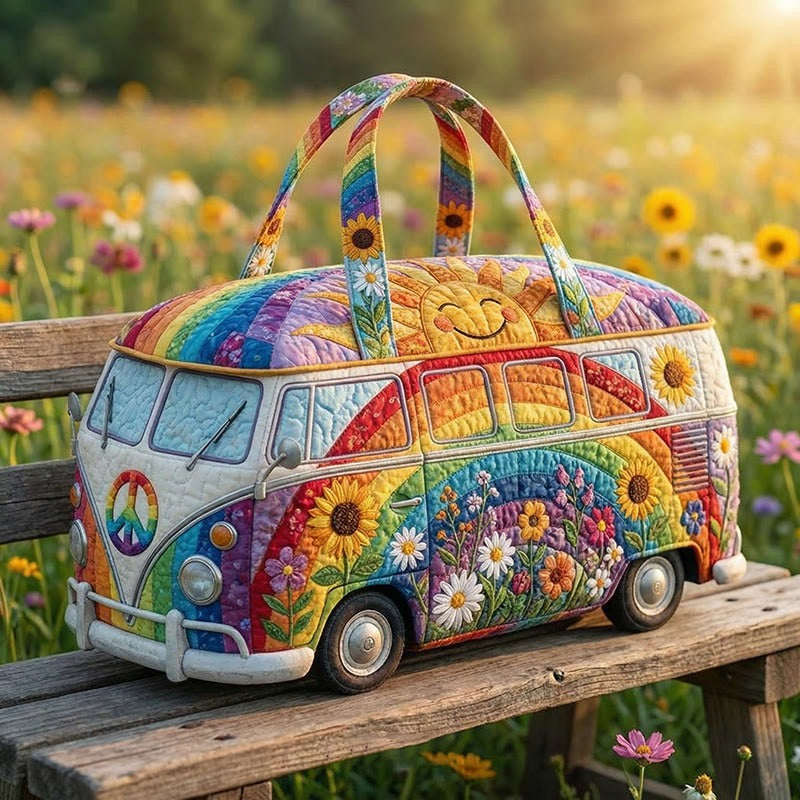 Retro Smiling Sun Floral Groovy Bus Quilted Duffel Bag