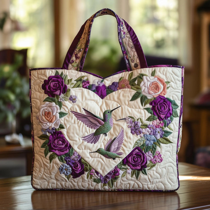 Hummingbird Heart Floral Quilted Tote Bag