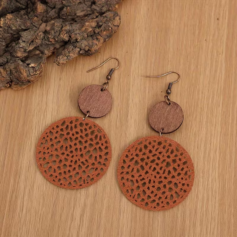Retro Boho Wood and Leather Drop Earrings