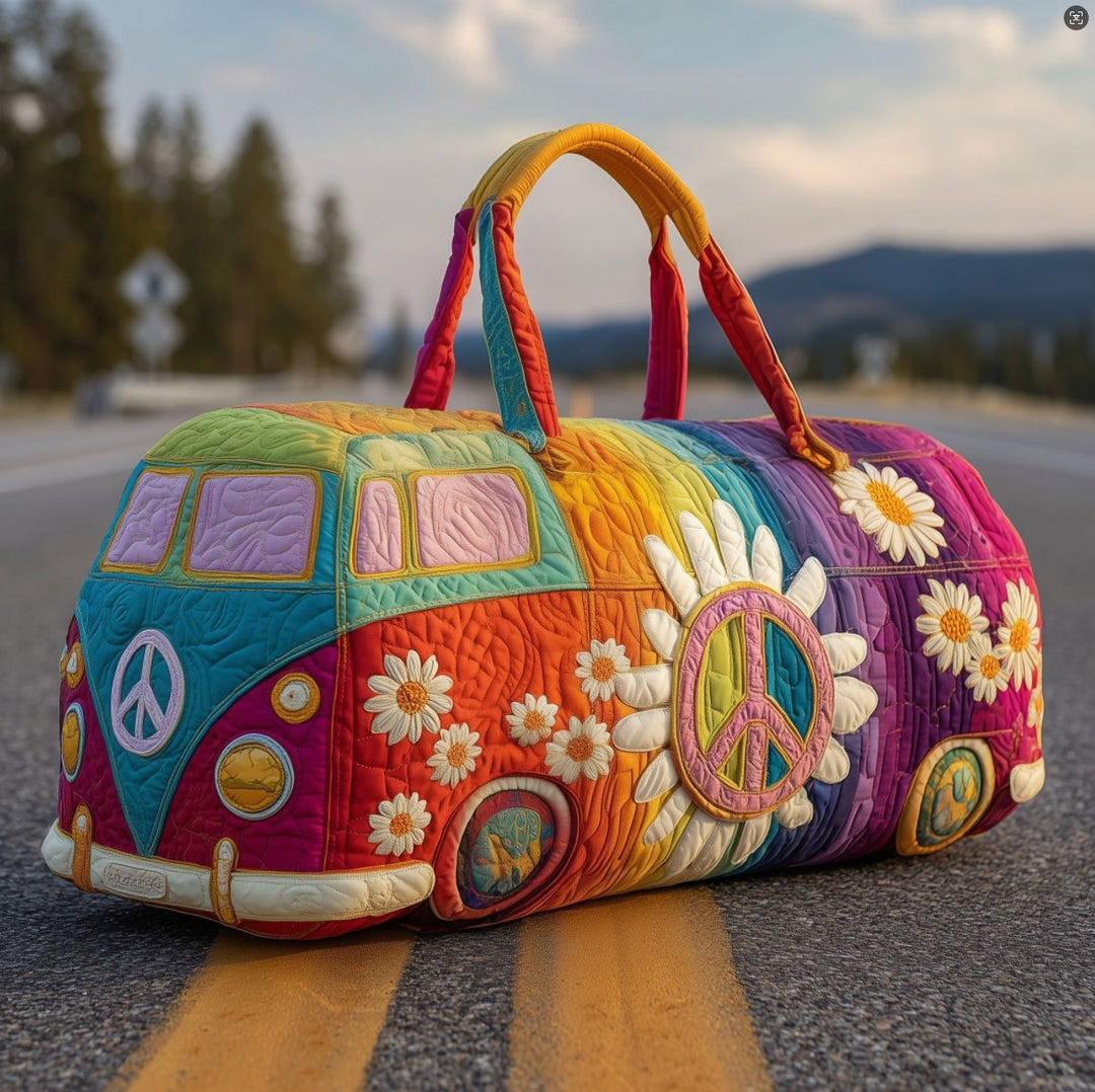 Retro Van Peace Sign Daisy Quilted Duffel Bag