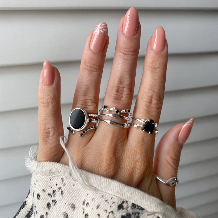Black Obsidian, Scattered Onyx and Wave Band Ring Set