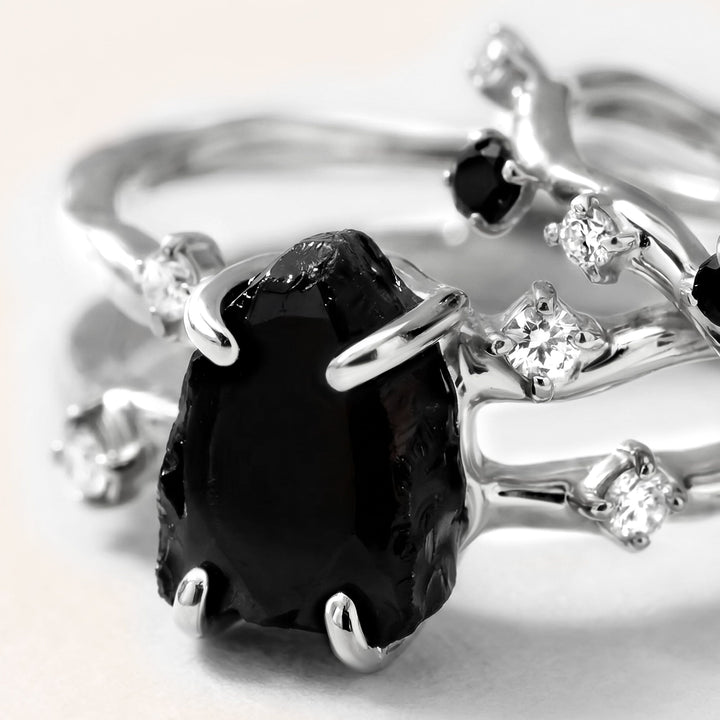 Black Obsidian, Scattered Onyx and Wave Band Ring Set