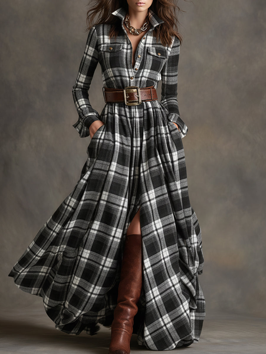 Gabriella | Women's Belted Plaid Maxi Dress