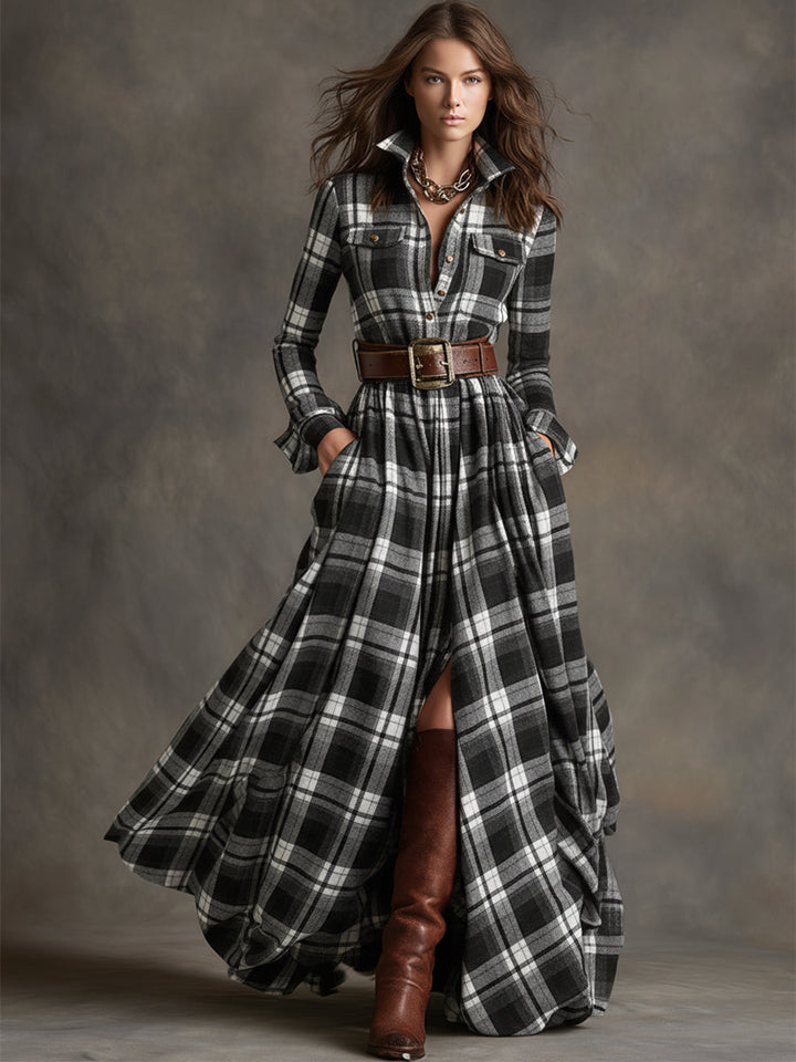 Gabriella | Women's Belted Plaid Maxi Dress