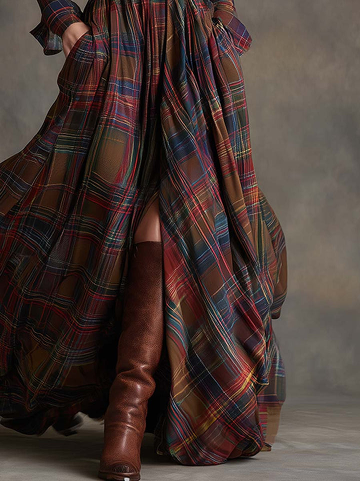 Gabriella | Women's Belted Plaid Maxi Dress