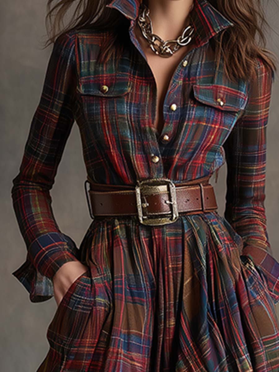 Gabriella | Women's Belted Plaid Maxi Dress