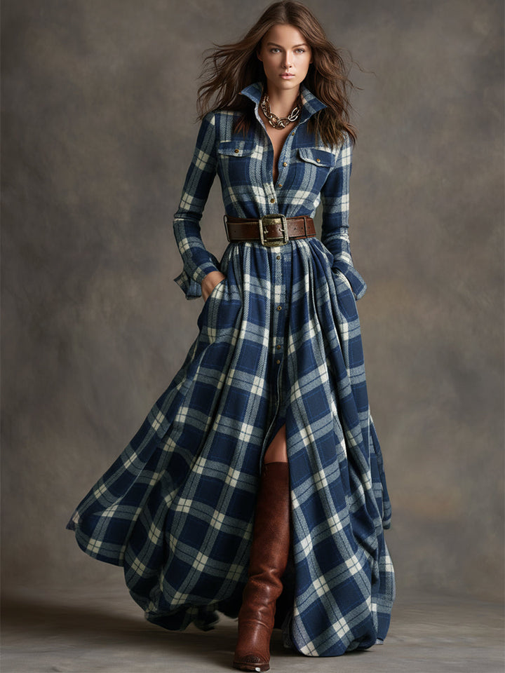 Gabriella | Women's Belted Plaid Maxi Dress