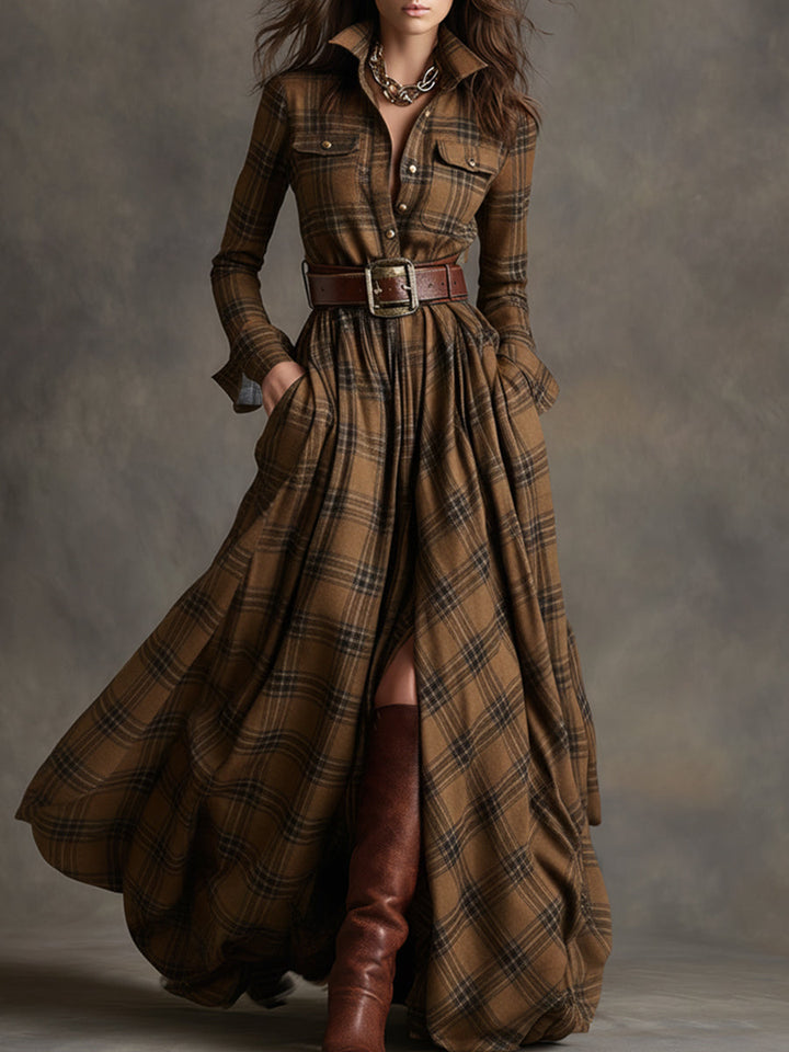 Gabriella | Women's Belted Plaid Maxi Dress